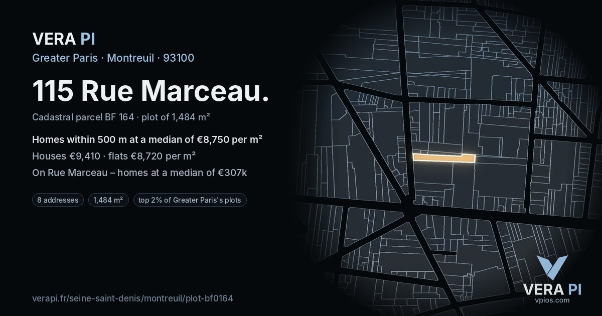 115 Rue Marceau, Montreuil at night – the plot lit, the parcels around coloured by the prices near them