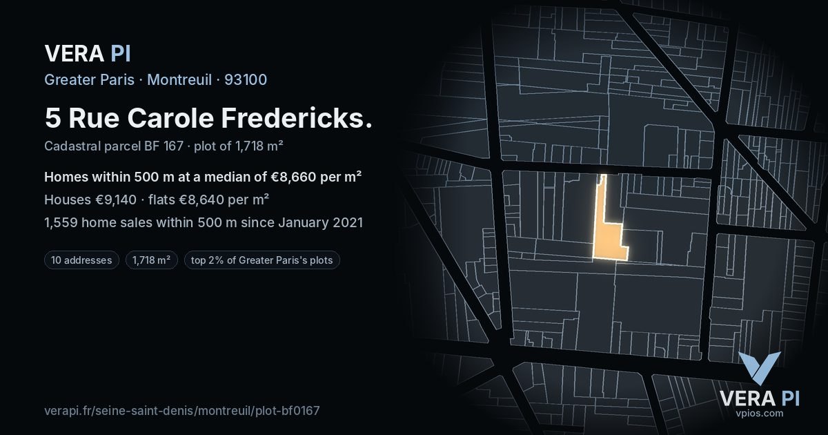 5 Rue Carole Fredericks, Montreuil at night – the plot lit, the parcels around coloured by the prices near them