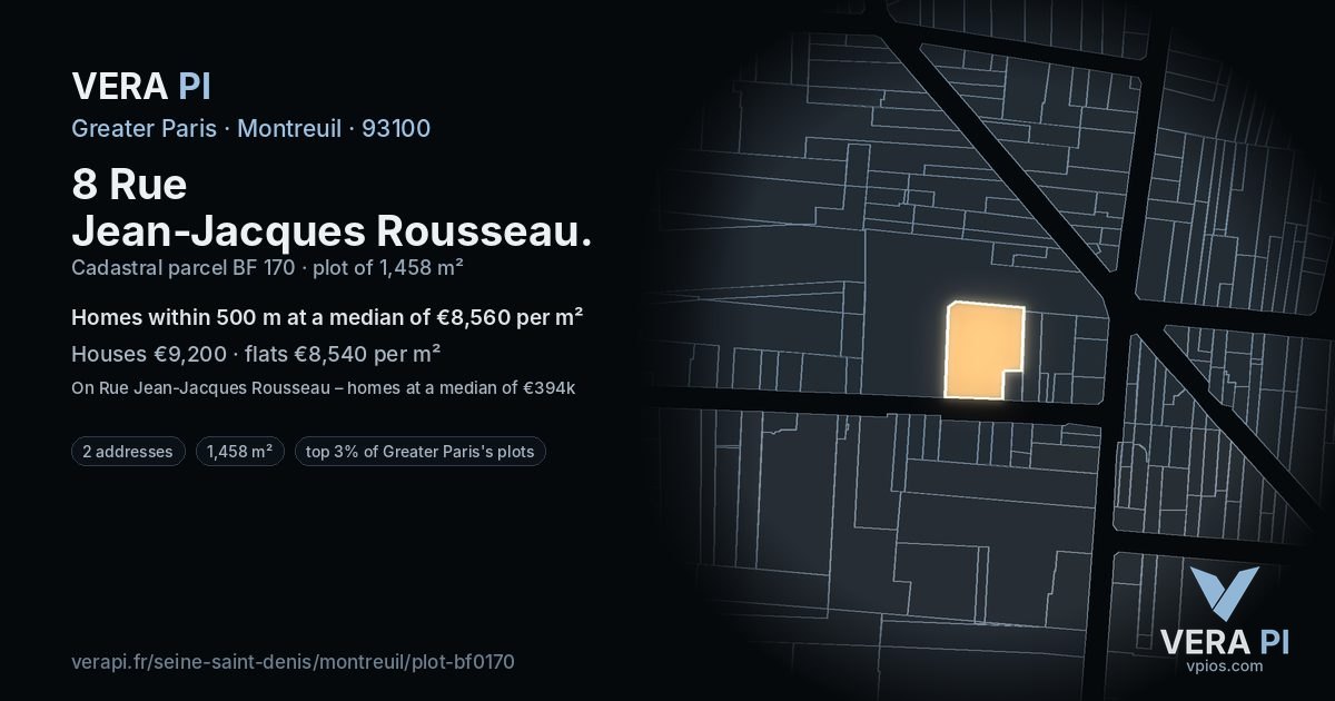 8 Rue Jean-Jacques Rousseau, Montreuil at night – the plot lit, the parcels around coloured by the prices near them
