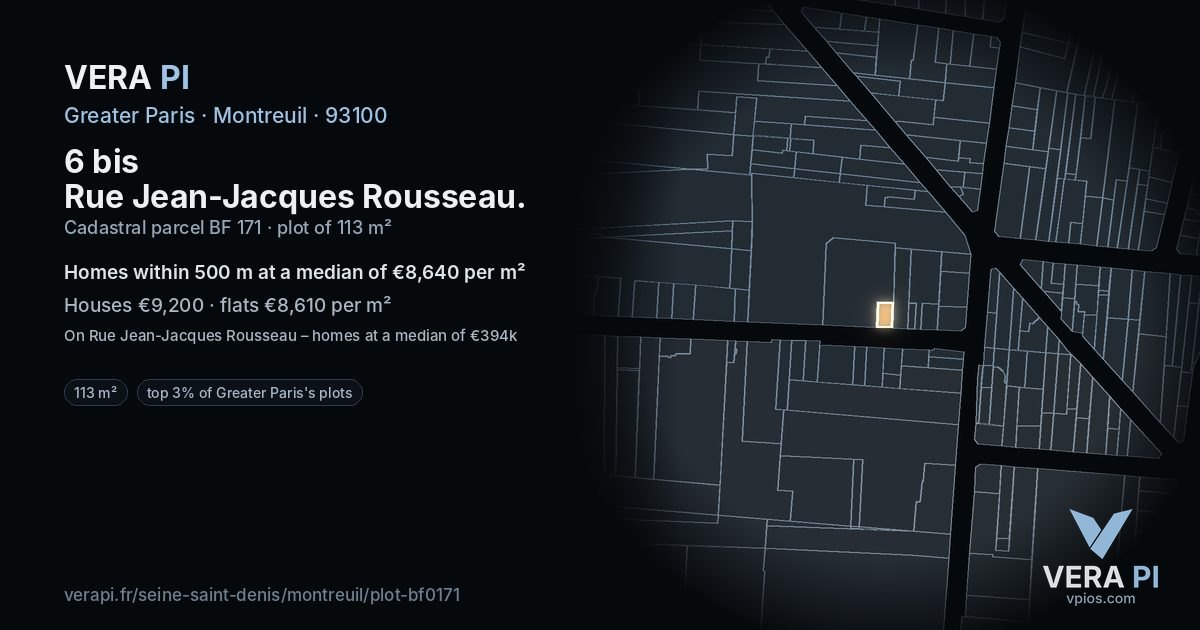6 bis Rue Jean-Jacques Rousseau, Montreuil at night – the plot lit, the parcels around coloured by the prices near them