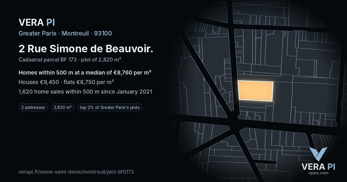 2 Rue Simone de Beauvoir, Montreuil at night – the plot lit, the parcels around coloured by the prices near them