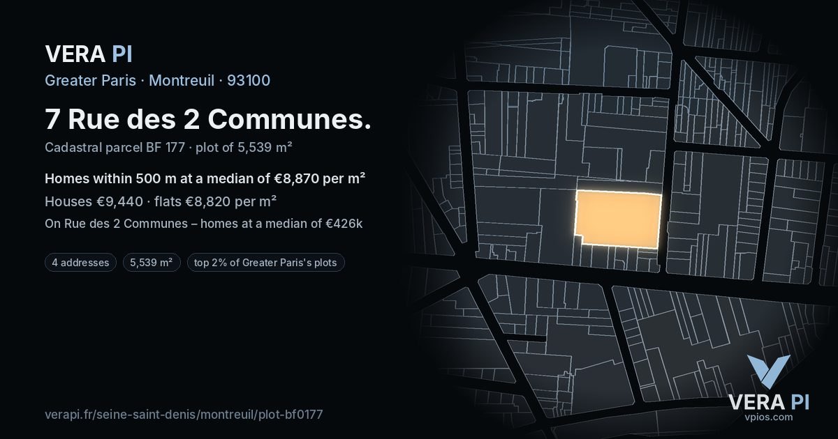 7 Rue des 2 Communes, Montreuil at night – the plot lit, the parcels around coloured by the prices near them