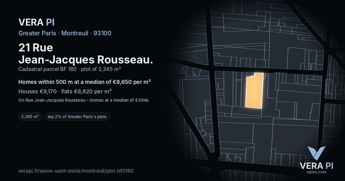 21 Rue Jean-Jacques Rousseau, Montreuil at night – the plot lit, the parcels around coloured by the prices near them