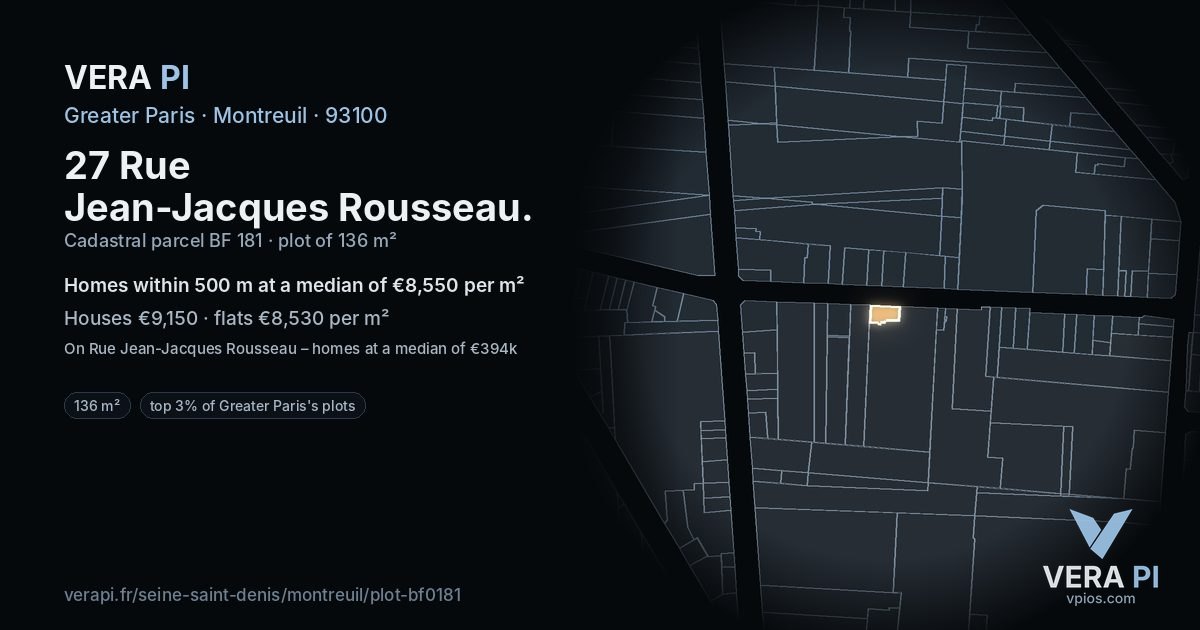 27 Rue Jean-Jacques Rousseau, Montreuil at night – the plot lit, the parcels around coloured by the prices near them