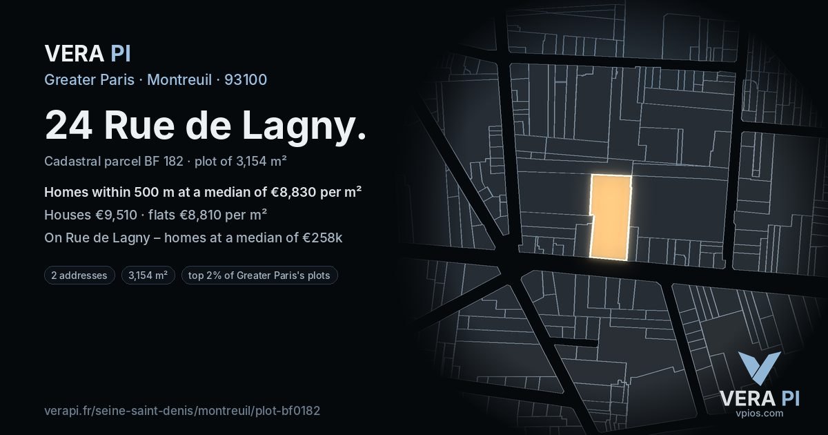 24 Rue de Lagny, Montreuil at night – the plot lit, the parcels around coloured by the prices near them