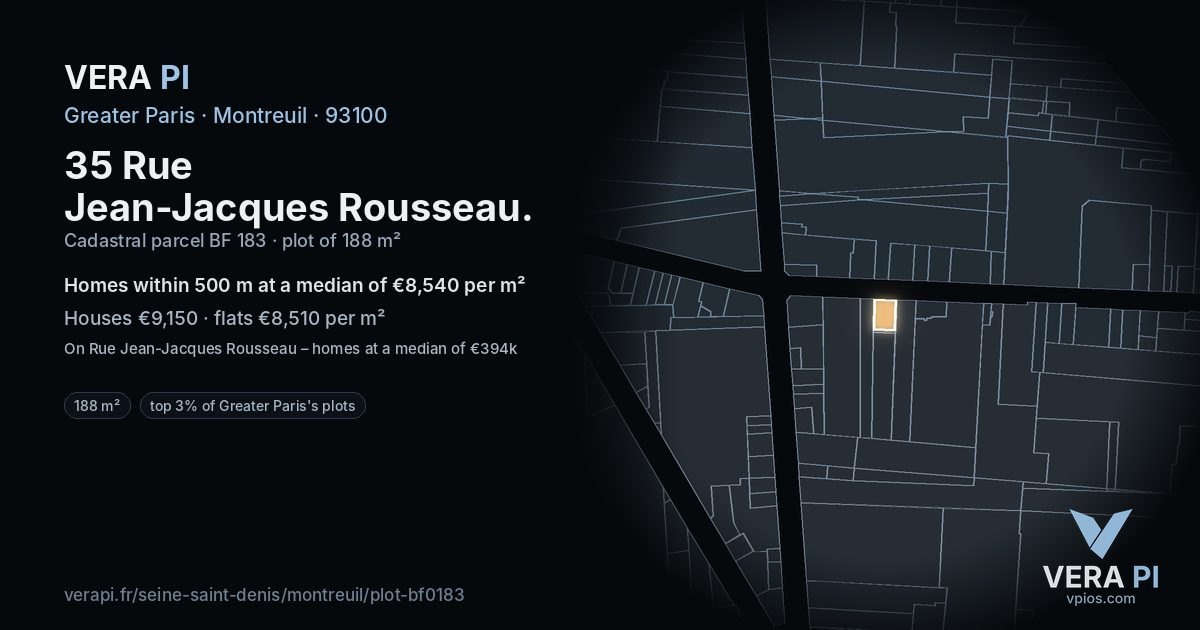 35 Rue Jean-Jacques Rousseau, Montreuil at night – the plot lit, the parcels around coloured by the prices near them