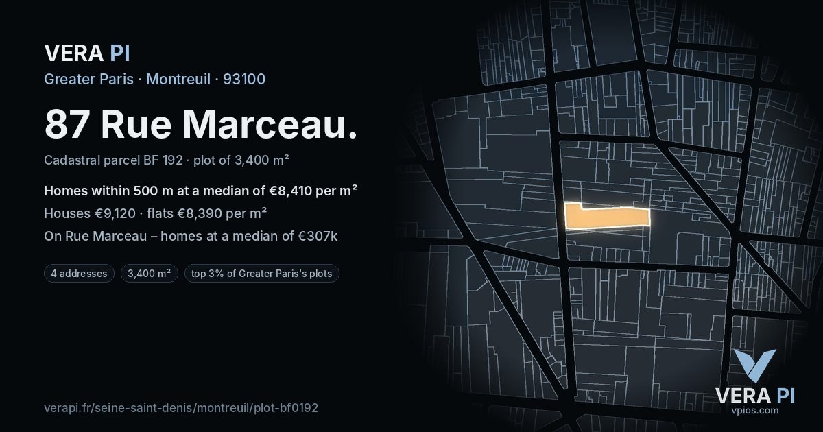 87 Rue Marceau, Montreuil at night – the plot lit, the parcels around coloured by the prices near them