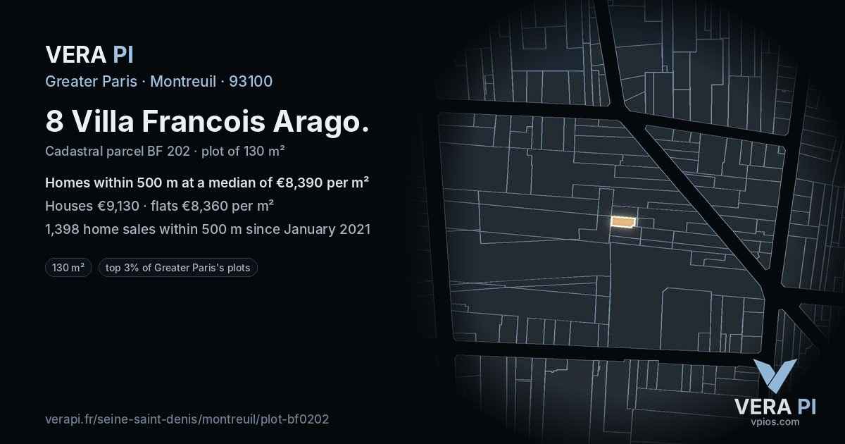 8 Villa Francois Arago, Montreuil at night – the plot lit, the parcels around coloured by the prices near them