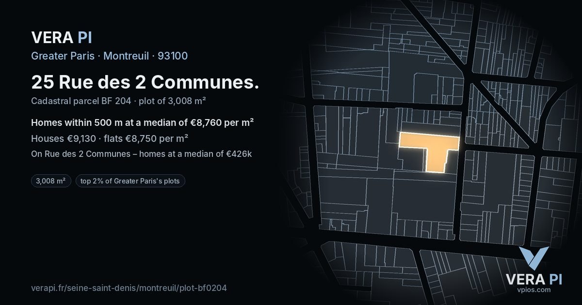 25 Rue des 2 Communes, Montreuil at night – the plot lit, the parcels around coloured by the prices near them