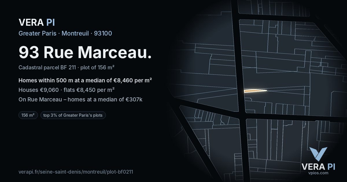 93 Rue Marceau, Montreuil at night – the plot lit, the parcels around coloured by the prices near them