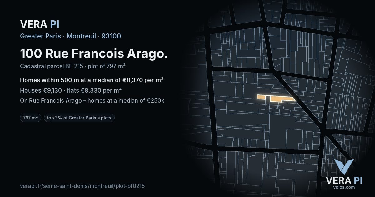 100 Rue Francois Arago, Montreuil at night – the plot lit, the parcels around coloured by the prices near them