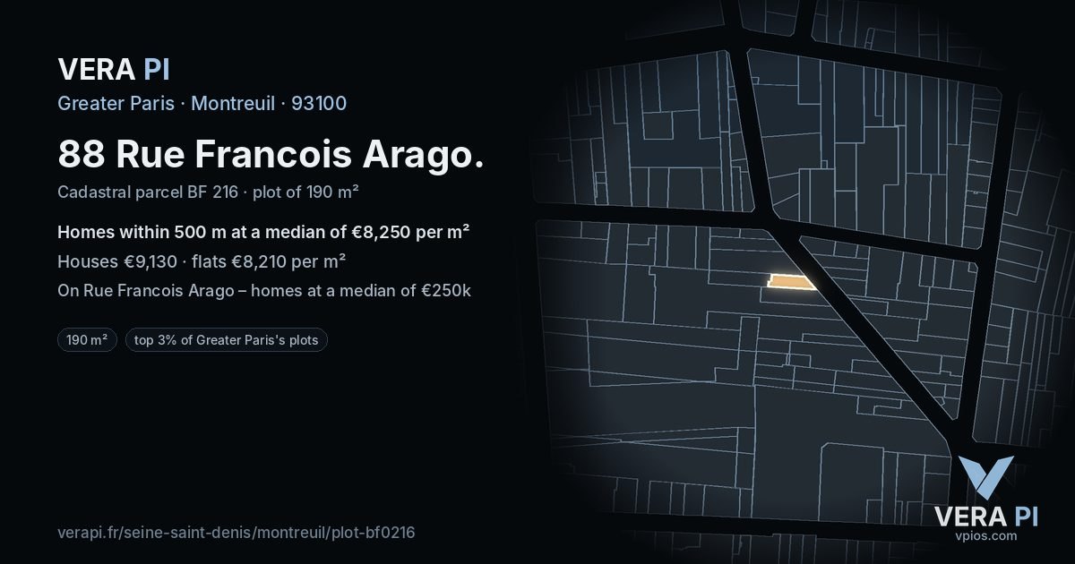 88 Rue Francois Arago, Montreuil at night – the plot lit, the parcels around coloured by the prices near them