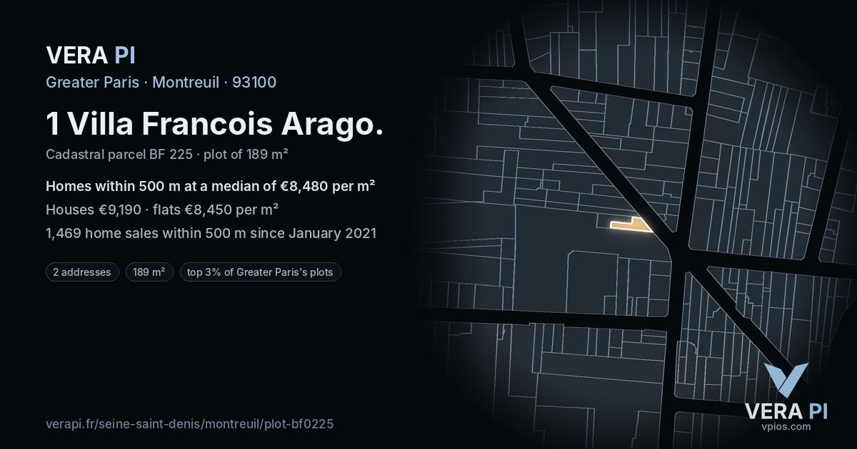 1 Villa Francois Arago, Montreuil at night – the plot lit, the parcels around coloured by the prices near them