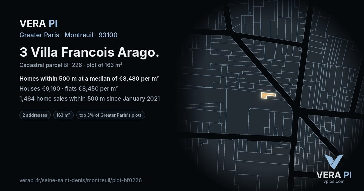 3 Villa Francois Arago, Montreuil at night – the plot lit, the parcels around coloured by the prices near them