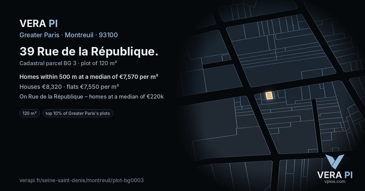 39 Rue de la République, Montreuil at night – the plot lit, the parcels around coloured by the prices near them