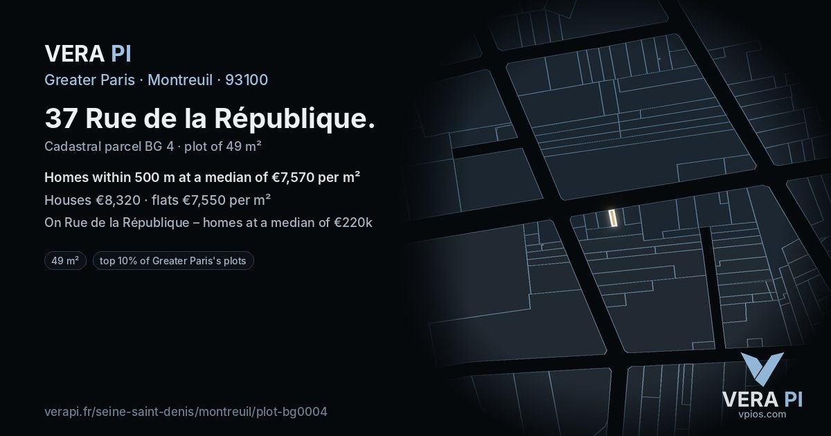 37 Rue de la République, Montreuil at night – the plot lit, the parcels around coloured by the prices near them