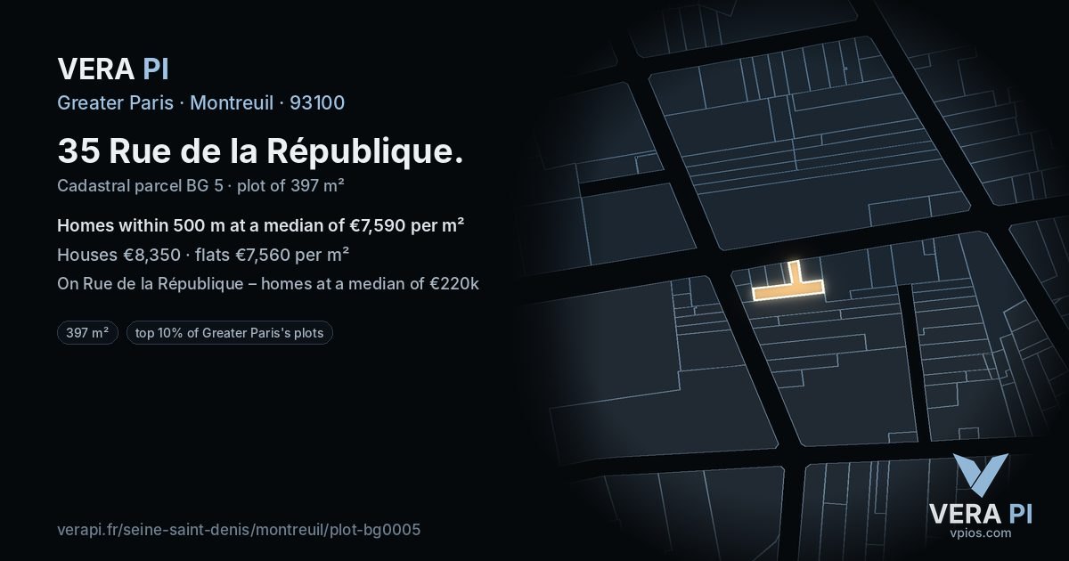 35 Rue de la République, Montreuil at night – the plot lit, the parcels around coloured by the prices near them