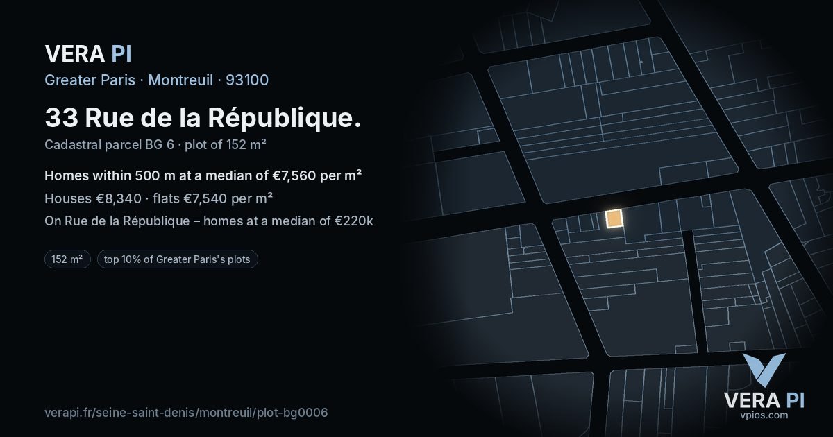 33 Rue de la République, Montreuil at night – the plot lit, the parcels around coloured by the prices near them