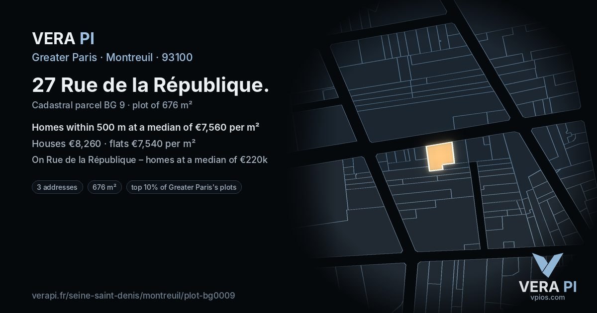 27 Rue de la République, Montreuil at night – the plot lit, the parcels around coloured by the prices near them
