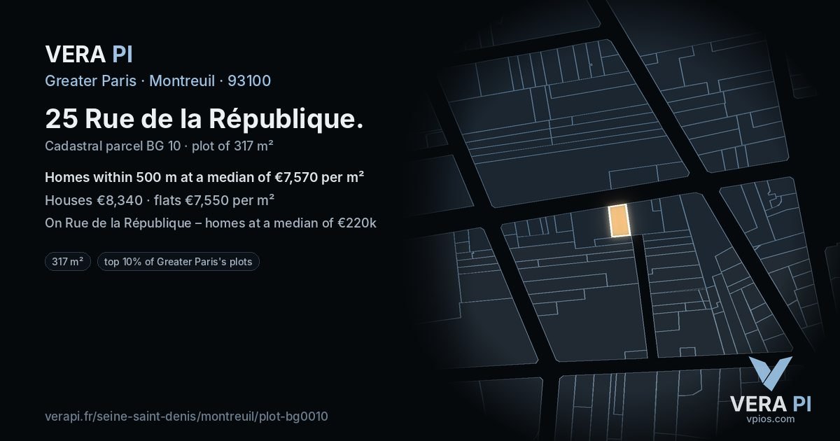 25 Rue de la République, Montreuil at night – the plot lit, the parcels around coloured by the prices near them