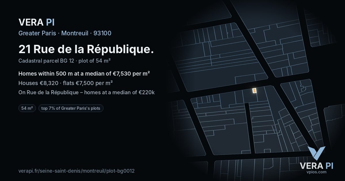 21 Rue de la République, Montreuil at night – the plot lit, the parcels around coloured by the prices near them