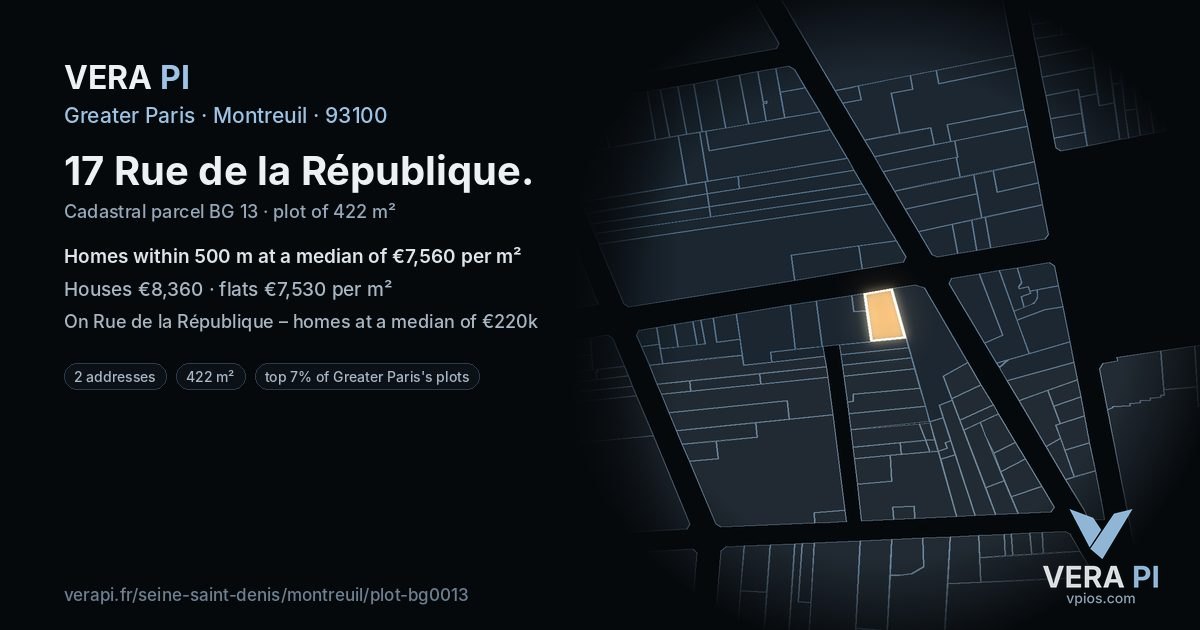 17 Rue de la République, Montreuil at night – the plot lit, the parcels around coloured by the prices near them