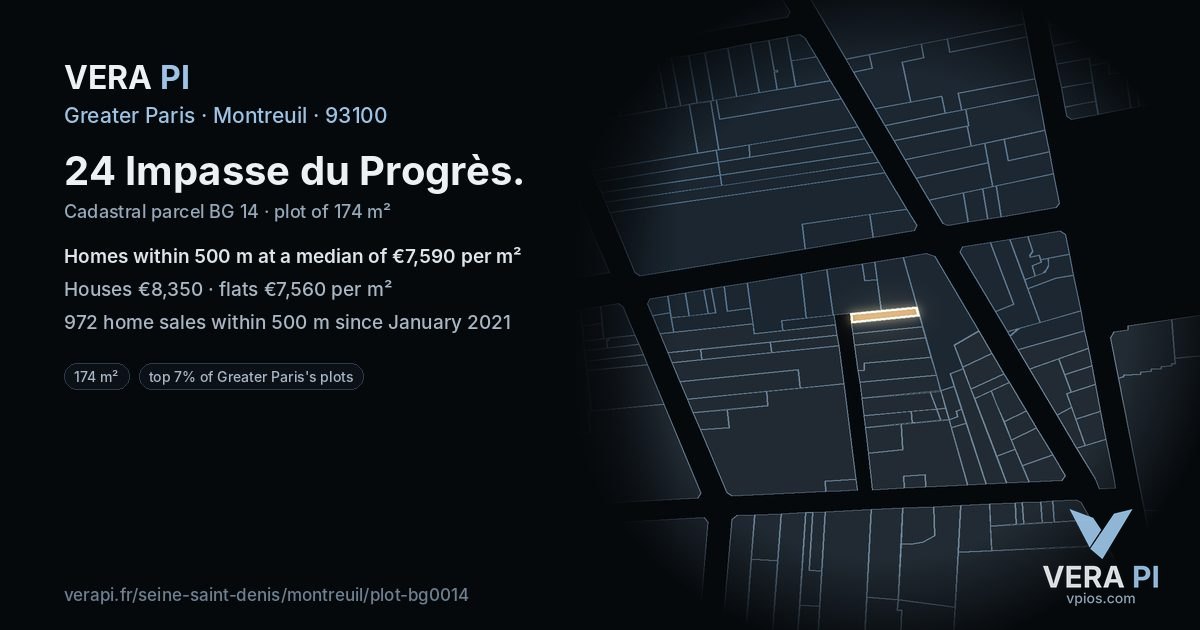 24 Impasse du Progrès, Montreuil at night – the plot lit, the parcels around coloured by the prices near them
