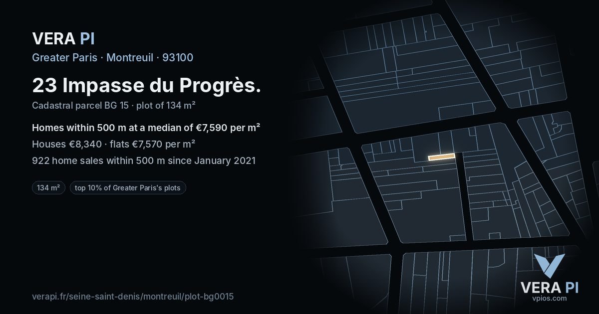 23 Impasse du Progrès, Montreuil at night – the plot lit, the parcels around coloured by the prices near them