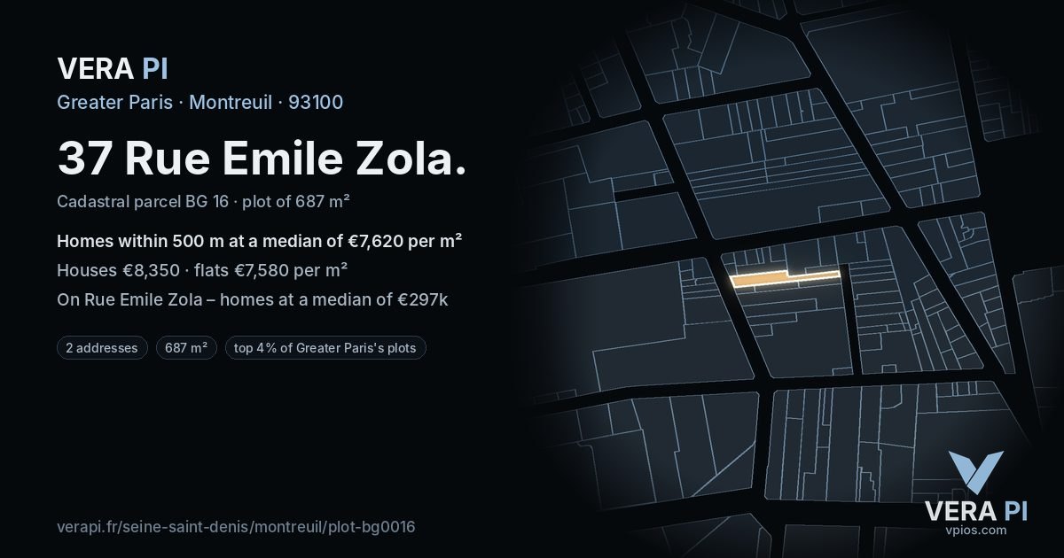 37 Rue Emile Zola, Montreuil at night – the plot lit, the parcels around coloured by the prices near them