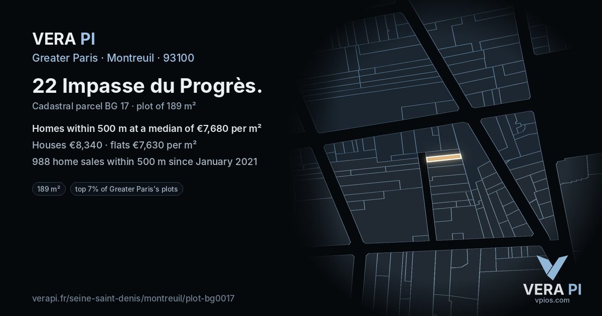 22 Impasse du Progrès, Montreuil at night – the plot lit, the parcels around coloured by the prices near them