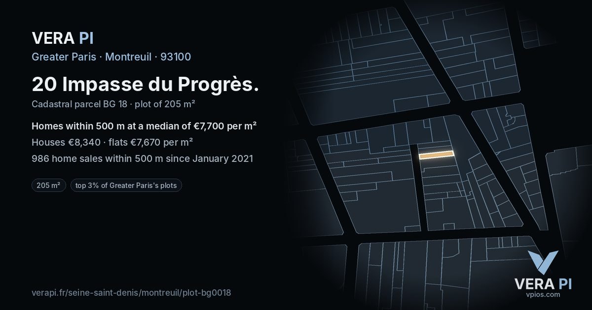 20 Impasse du Progrès, Montreuil at night – the plot lit, the parcels around coloured by the prices near them