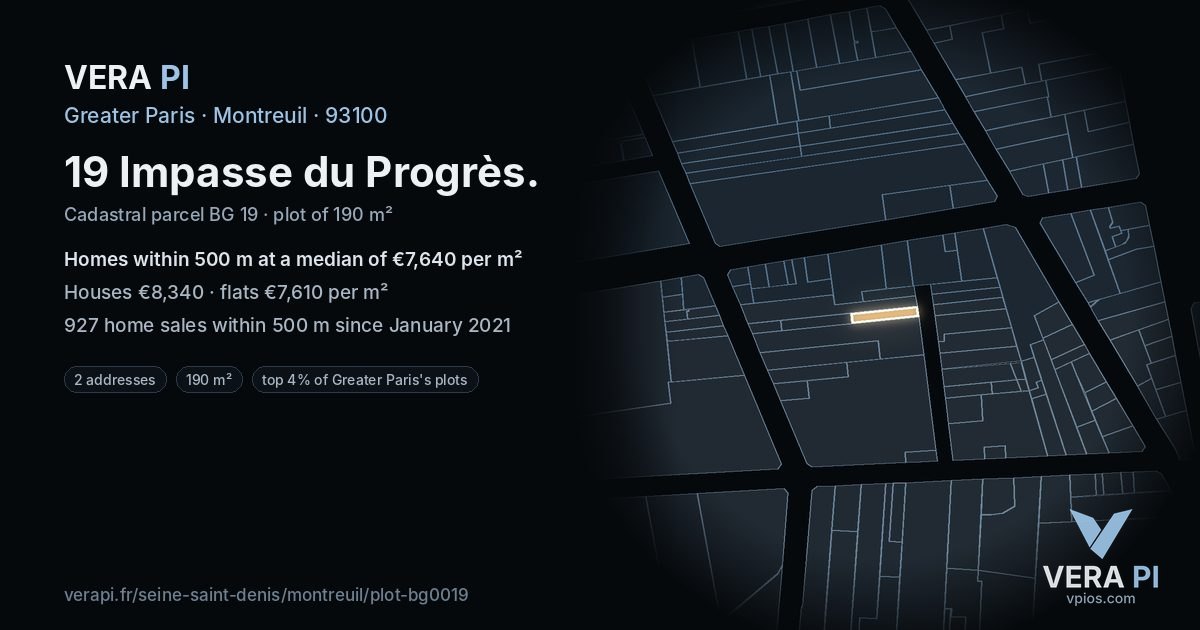 19 Impasse du Progrès, Montreuil at night – the plot lit, the parcels around coloured by the prices near them