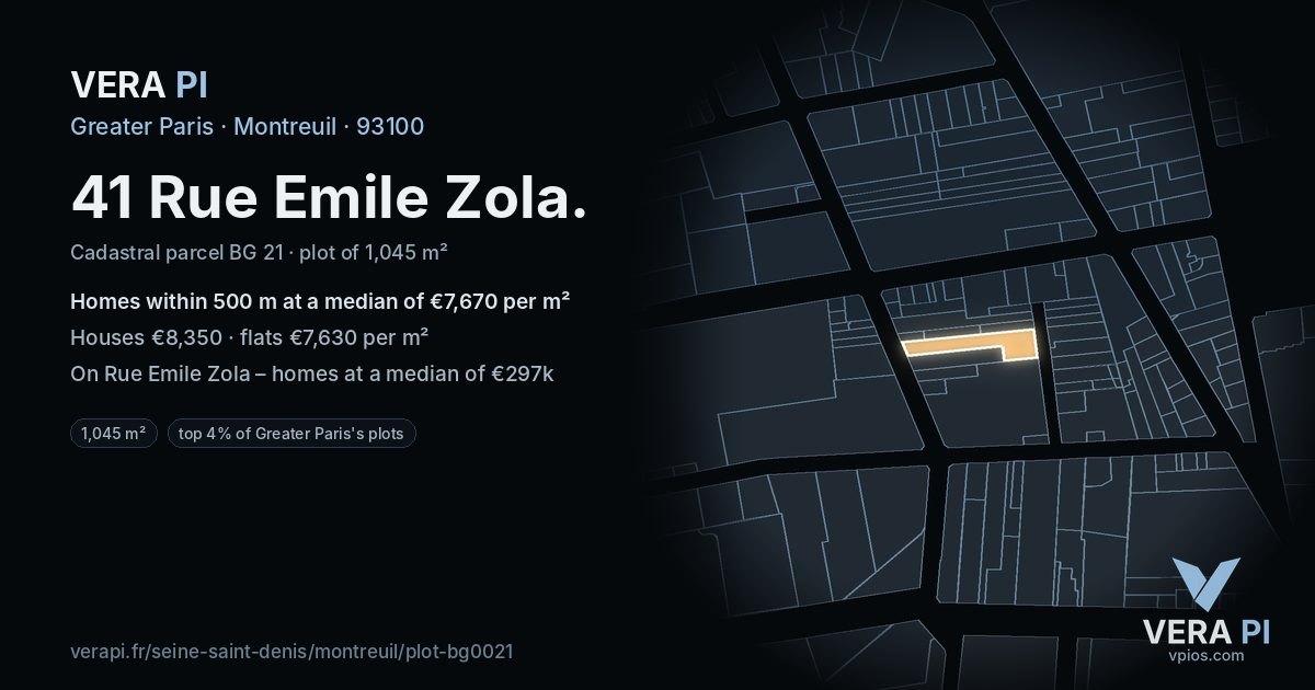 41 Rue Emile Zola, Montreuil at night – the plot lit, the parcels around coloured by the prices near them