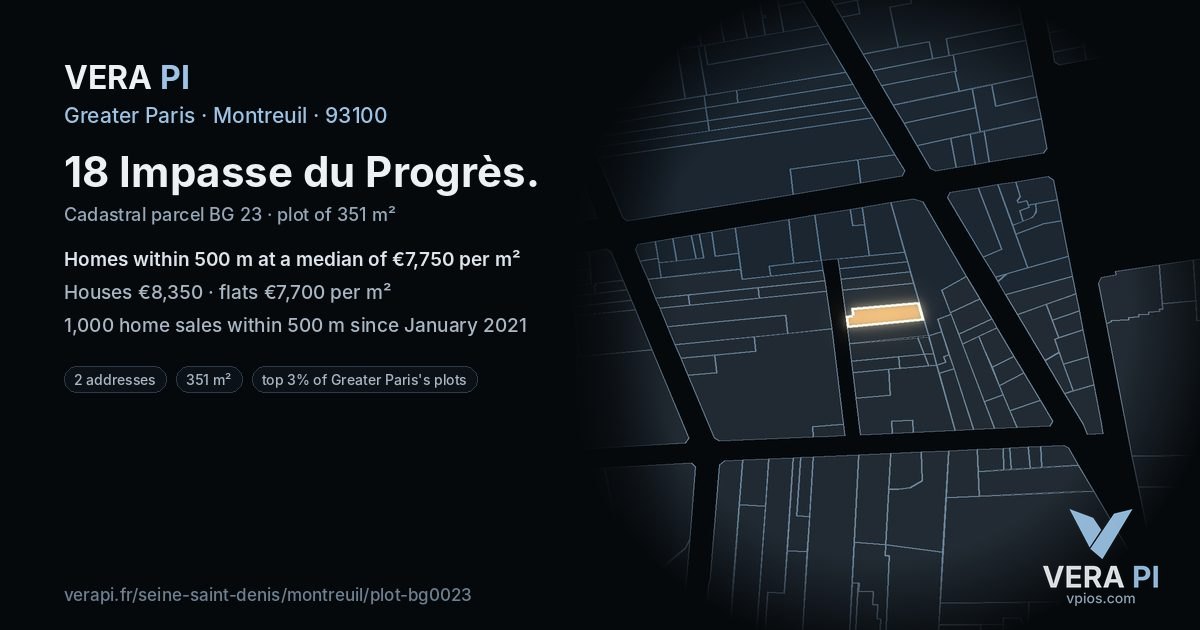 18 Impasse du Progrès, Montreuil at night – the plot lit, the parcels around coloured by the prices near them