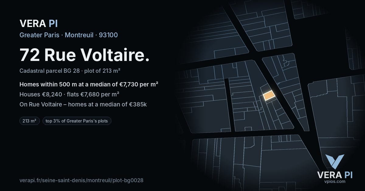 72 Rue Voltaire, Montreuil at night – the plot lit, the parcels around coloured by the prices near them