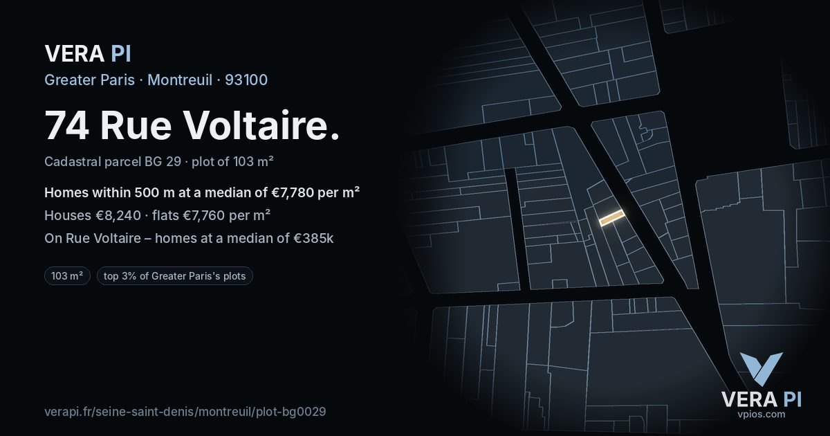 74 Rue Voltaire, Montreuil at night – the plot lit, the parcels around coloured by the prices near them