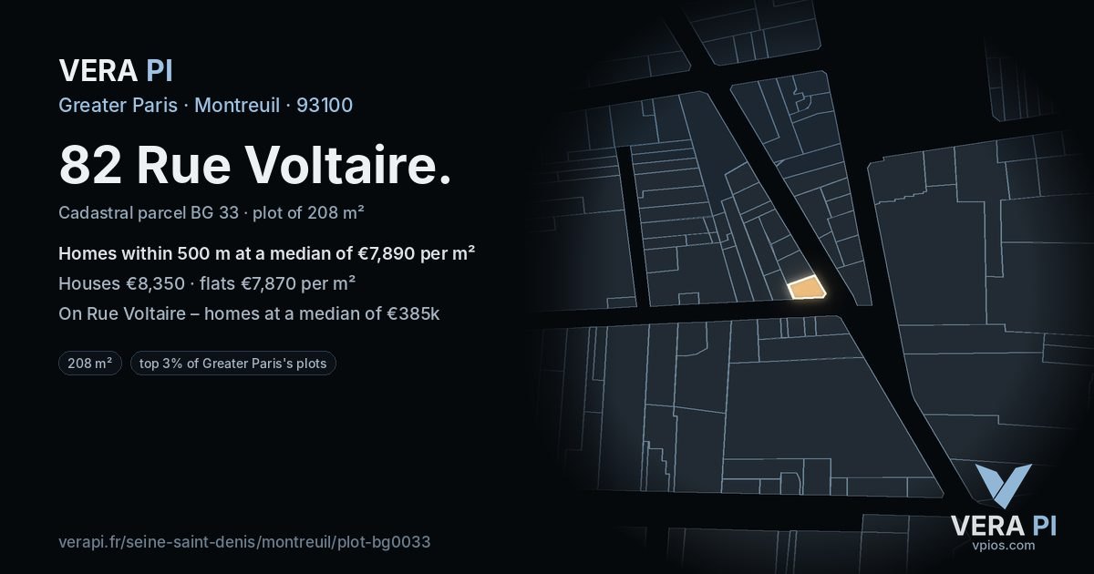 82 Rue Voltaire, Montreuil at night – the plot lit, the parcels around coloured by the prices near them