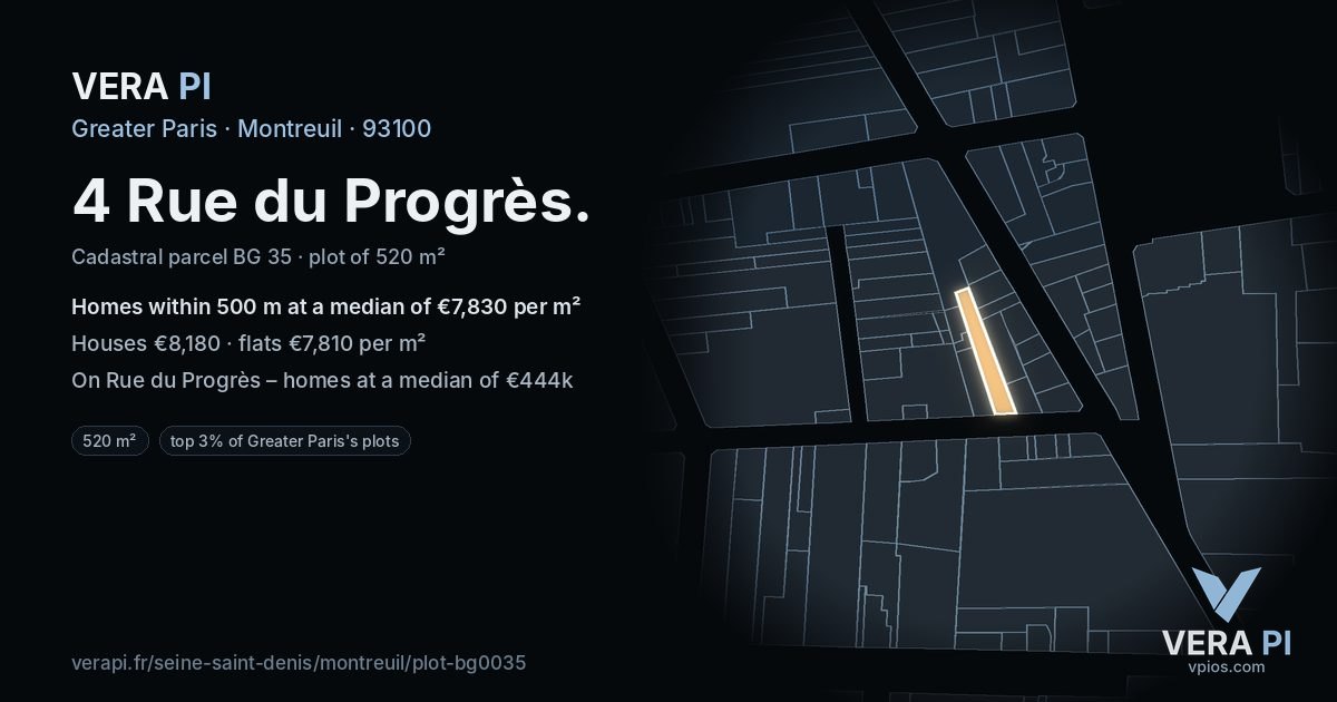 4 Rue du Progrès, Montreuil at night – the plot lit, the parcels around coloured by the prices near them