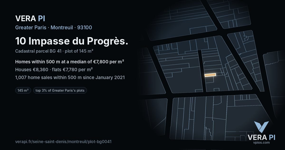 10 Impasse du Progrès, Montreuil at night – the plot lit, the parcels around coloured by the prices near them