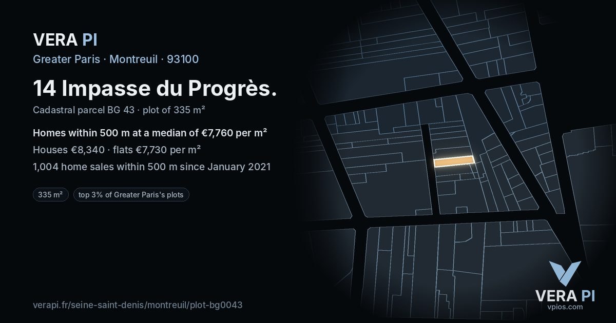 14 Impasse du Progrès, Montreuil at night – the plot lit, the parcels around coloured by the prices near them