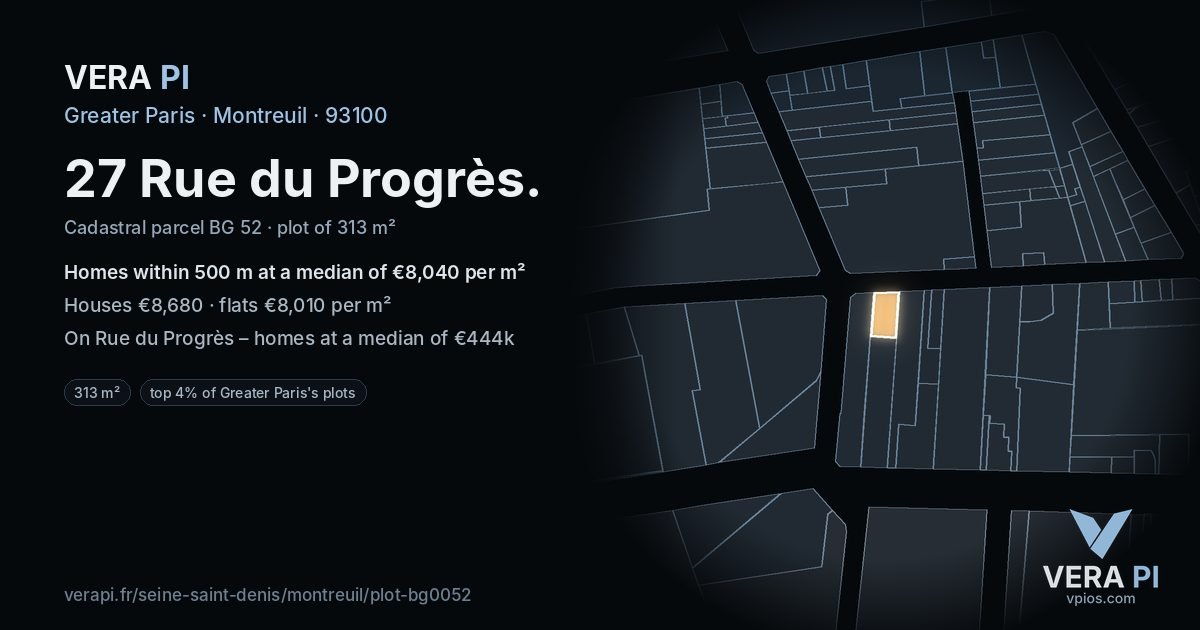 27 Rue du Progrès, Montreuil at night – the plot lit, the parcels around coloured by the prices near them