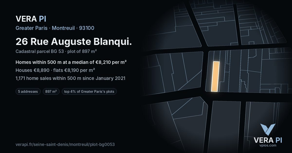 26 Rue Auguste Blanqui, Montreuil at night – the plot lit, the parcels around coloured by the prices near them