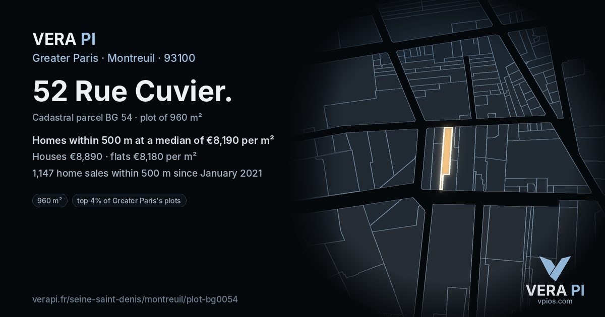 52 Rue Cuvier, Montreuil at night – the plot lit, the parcels around coloured by the prices near them