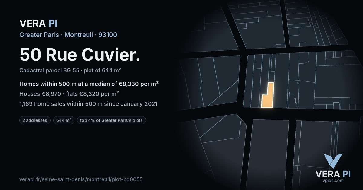 50 Rue Cuvier, Montreuil at night – the plot lit, the parcels around coloured by the prices near them