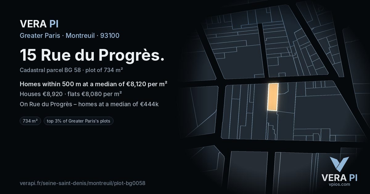 15 Rue du Progrès, Montreuil at night – the plot lit, the parcels around coloured by the prices near them
