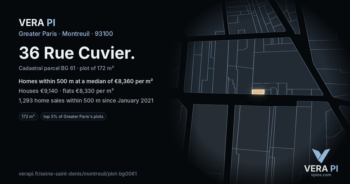 36 Rue Cuvier, Montreuil at night – the plot lit, the parcels around coloured by the prices near them