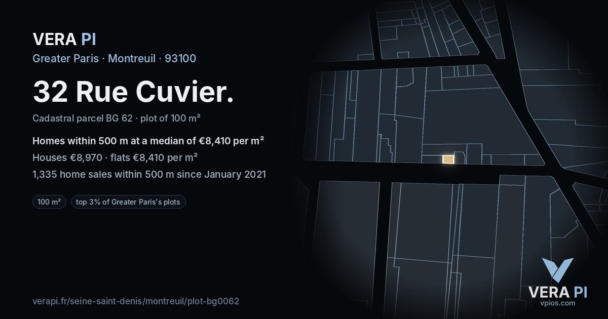 32 Rue Cuvier, Montreuil at night – the plot lit, the parcels around coloured by the prices near them