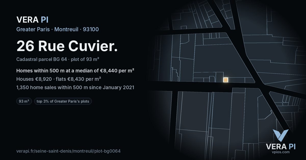 26 Rue Cuvier, Montreuil at night – the plot lit, the parcels around coloured by the prices near them