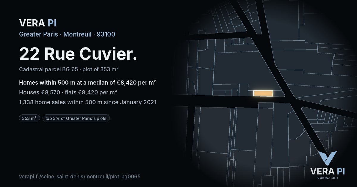 22 Rue Cuvier, Montreuil at night – the plot lit, the parcels around coloured by the prices near them