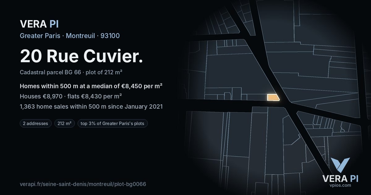 20 Rue Cuvier, Montreuil at night – the plot lit, the parcels around coloured by the prices near them